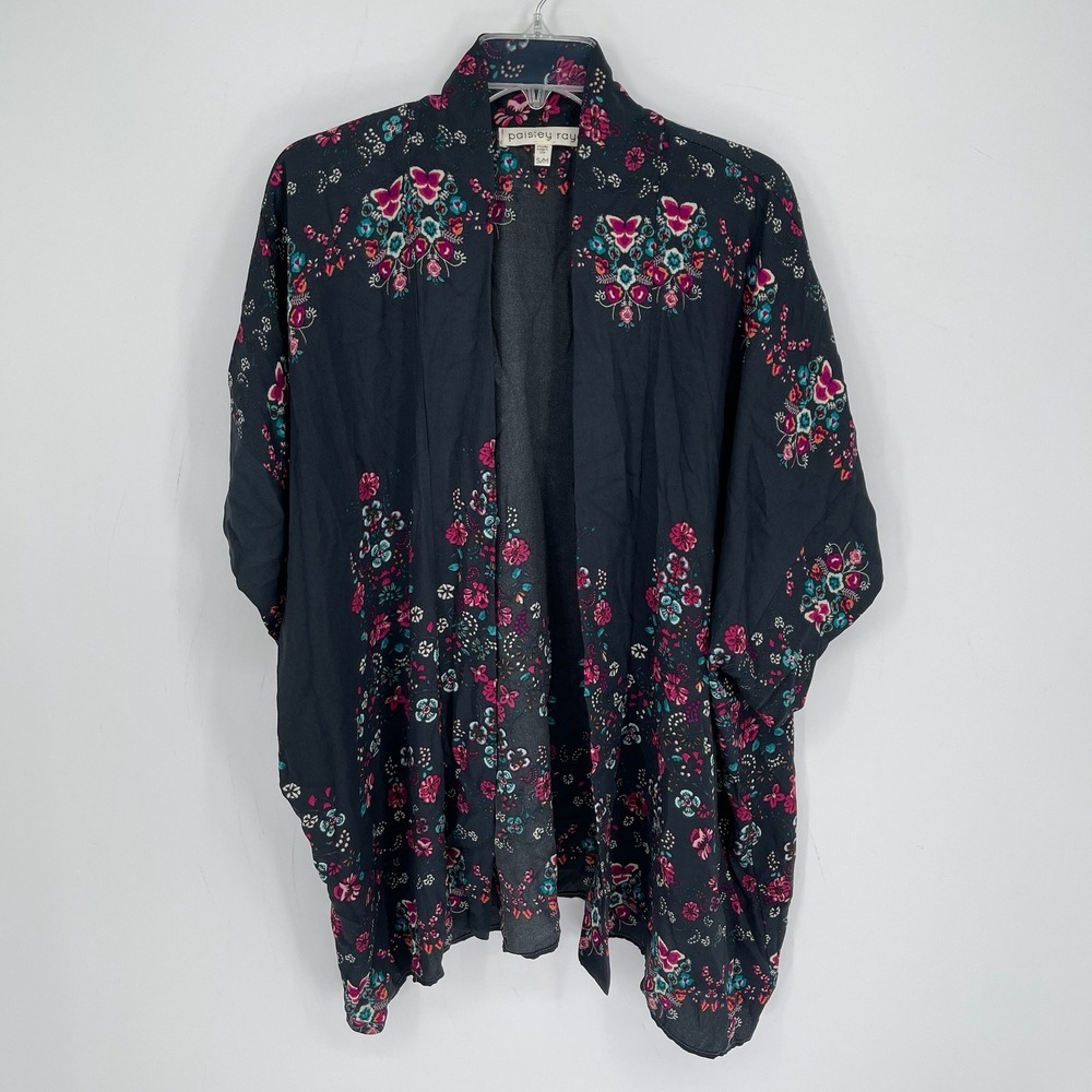 Paisley Raye Women's Black Floral Open Front Kimono Cardigan Size S/M